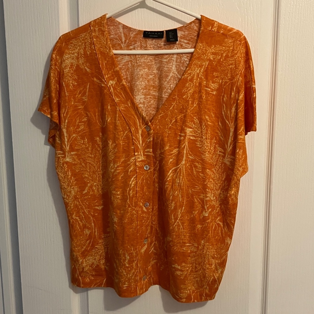 Tahari 100% Linen Orange Button-Down Shirt